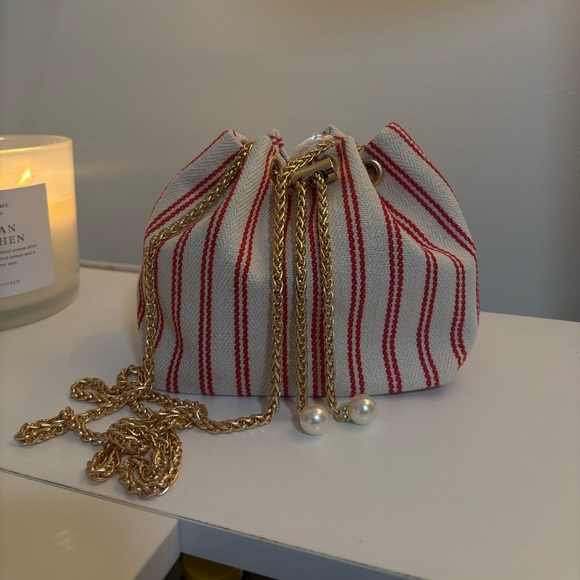 Handbags - Striped Red and White Linen Bucket Bag